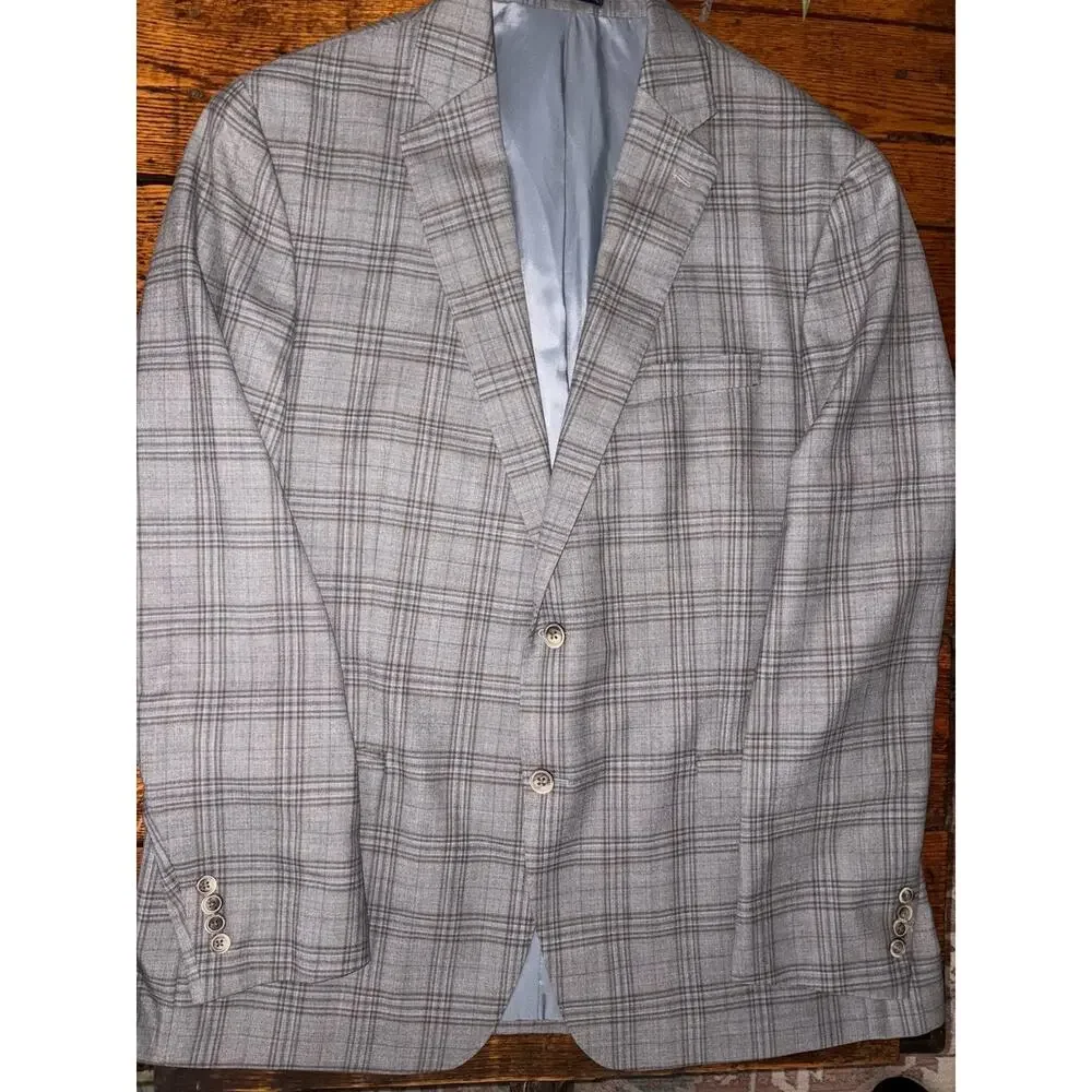 Hart Schaffner Marx Suit Mens 46L Grey Blue Glen Plaid Dillards USA Made NY Fit